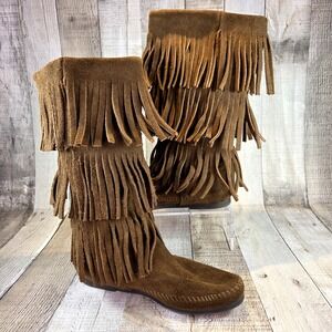 Minnetonka Moccasins Women's 6 Brown Suede 3 Layer Fringe Calf High Boots